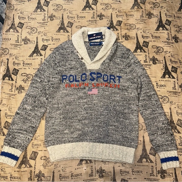 Polo Ralph Lauren NWT! Sport Usa Flag Wool Embroidered Grey Shawl Collar Sweater - Picture 3 of 14